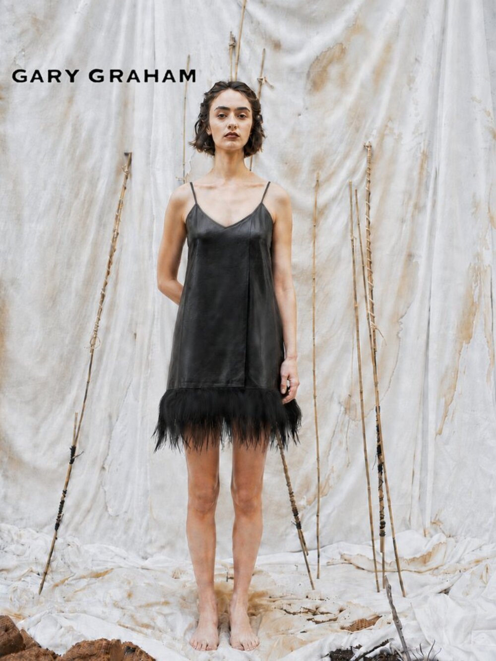 Gary Graham Black Leather Fur Side Slit Tunic Dress Sleeveless Avant Garde SZ 10